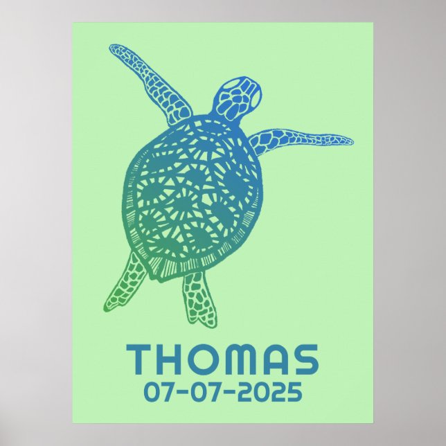 Cute Sea Turtle CUSTOM BABY NAME BIRTHDAY Art Poster (Front)