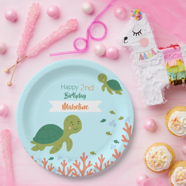 Cute Sea Turtle & Green Fish Birthday Party  Paper Plate (Party)