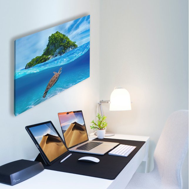 Cute Sea Turtle in front of a Tropical Island Canvas Print (Creator Uploaded)