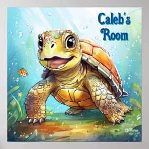 Cute Sea Turtle in the Ocean Cartoon Personalised Poster