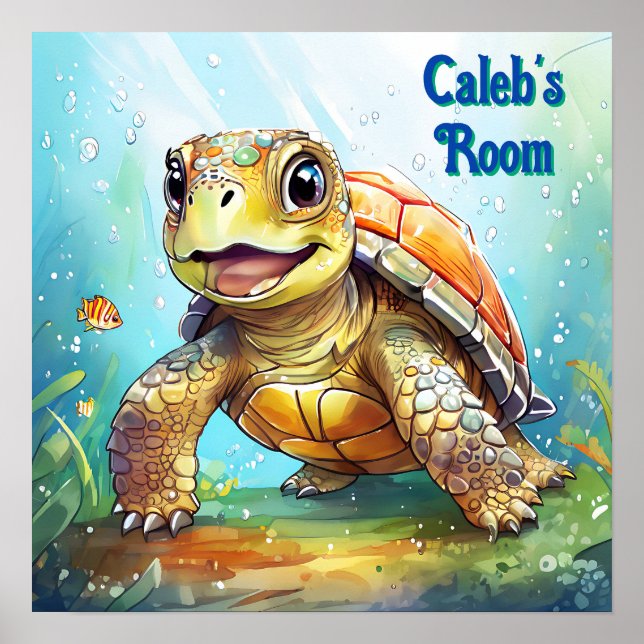 Cute Sea Turtle in the Ocean Cartoon Personalised Poster (Front)