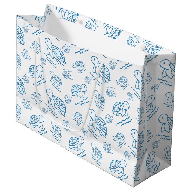 Cute Sea Turtle Nautical Doodle Pattern Large Gift Bag (Front Angled)