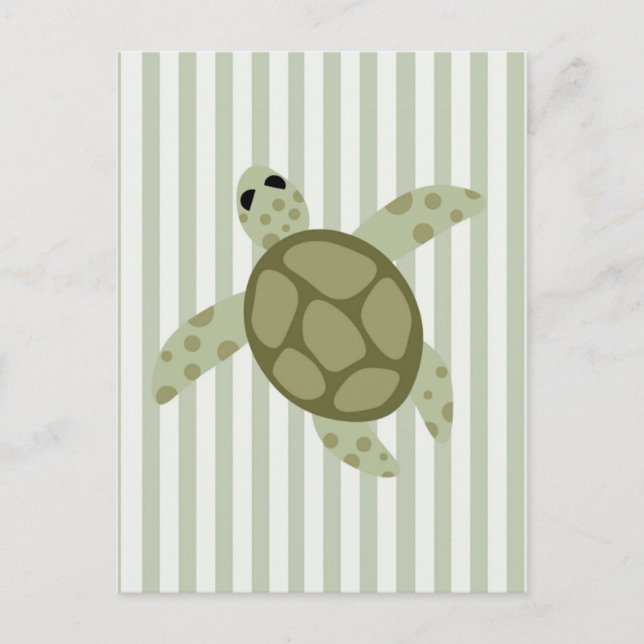 Cute Sea Turtle on Green Stripe Postcard (Front)