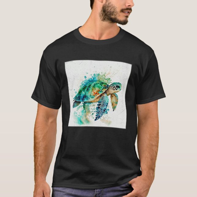 Cute Sea Turtle Paint Splatter Illustration Colorf T-Shirt (Front)
