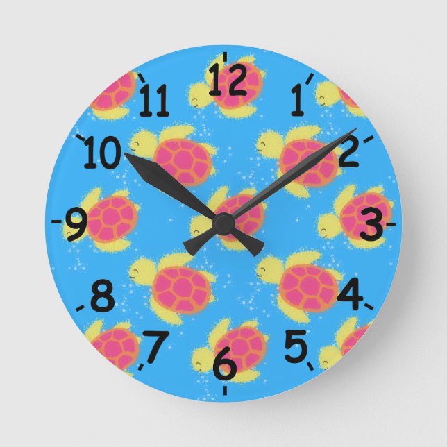 Cute Sea Turtle Pattern With Numbers Round Clock (Front)