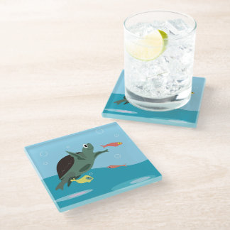 Cute Sea Turtle Under the Sea Art Glass Coaster