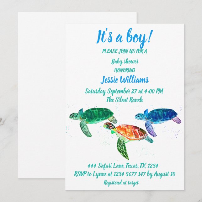 Cute Sea Turtle Under the sea Ocean Blue Baby Boy  Invitation (Front/Back)