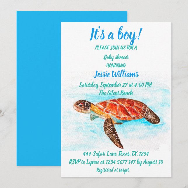 Cute Sea Turtle Under the sea Ocean Blue Baby Boy Invitation (Front/Back)