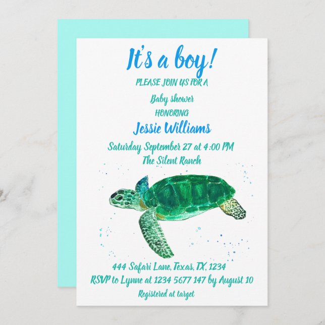 Cute Sea Turtle Under the sea Ocean Blue Baby Boy Invitation (Front/Back)