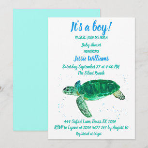 Cute Sea Turtle Under the sea Ocean Blue Baby Boy Invitation