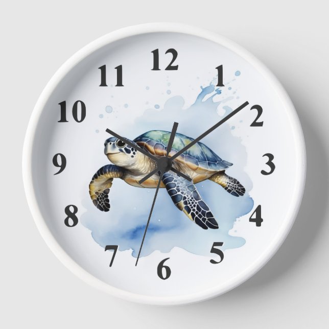 Cute Sea Turtle Watercolor Ocean Animal Bathroom Clock (Front)