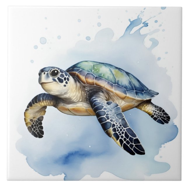Cute Sea Turtle Watercolor Ocean Animal Bathroom Tile (Front)
