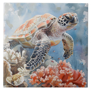 Cute Sea Turtle Watercolor Painting Tile