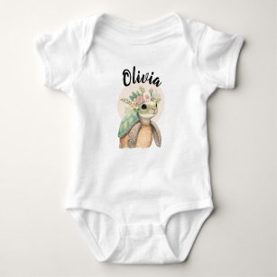 Cute Sea Turtle with Monogram First Name Baby Body Baby Bodysuit