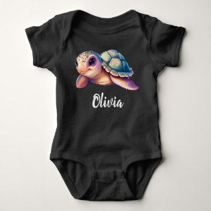 Cute Sea Turtle with Monogram First Name Baby Body Baby Bodysuit