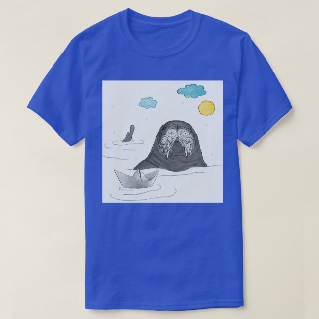 Cute Seacow Playing With Origami Paper Boat T-Shirt (Design Front)