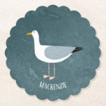 Cute Seagull Name Paper Coaster<br><div class="desc">A cheeky seagull standing by the deep green ocean. Perfect for those who love sassy birds and the coast.
Personalise by changing or removing the name.</div>