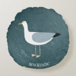 Cute Seagull Name Round Cushion<br><div class="desc">A cheeky seagull standing by the ocean. Perfect for those who love sassy birds and the coast.  Original art by Nic Squirrell. 
Personalise by changing or removing the name.</div>