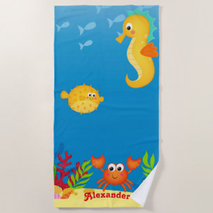 Cute Seahorse and Crab Beach Towel
