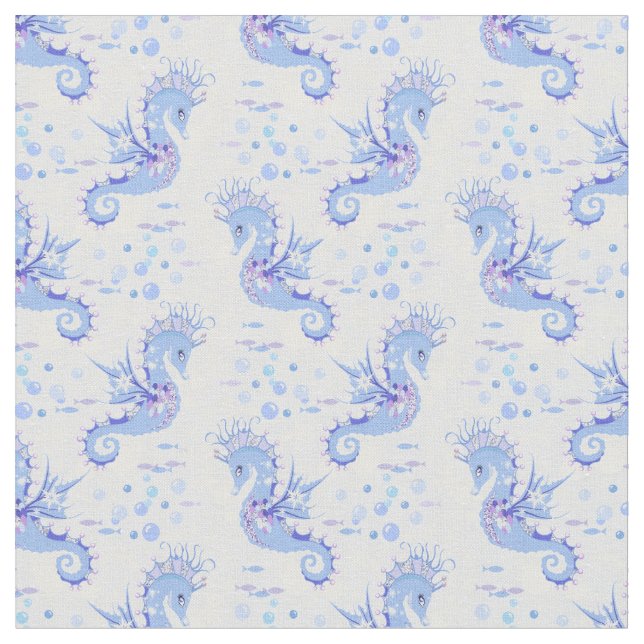 Cute Seahorse Blue White Purple Pattern Fabric (Close Up)