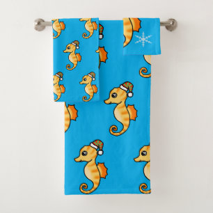 Cute Seahorse Christmas Snowflake Holiday Bath Towel Set