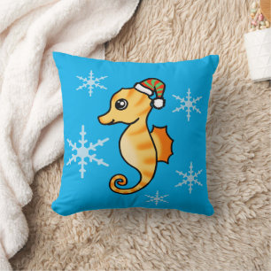 Cute Seahorse Christmas Snowflake Holiday Cushion