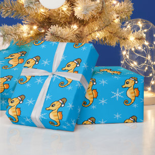 Cute Seahorse Christmas Snowflake Holiday Wrapping Paper