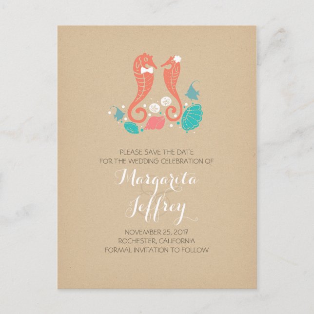 Cute seahorse couple beach save the date postcards (Front)