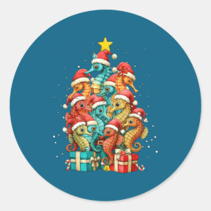 Cute Seahorse Le Sea Fish Christmas Tree Xmas Hat Classic Round Sticker