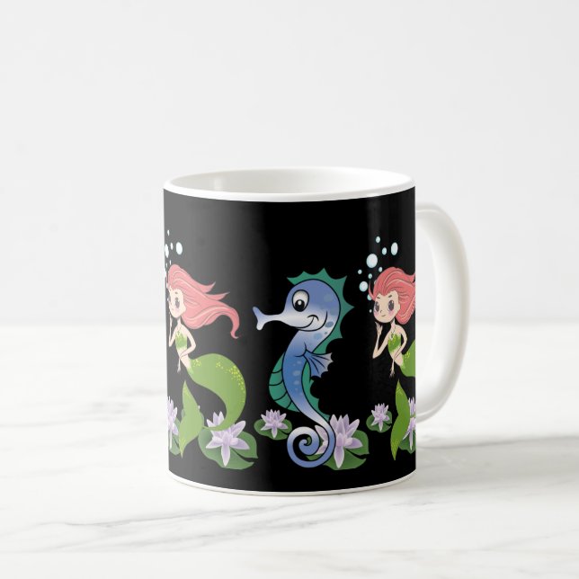 Cute Seahorse & Little Mermaid Swimming Together  Coffee Mug (Front Right)