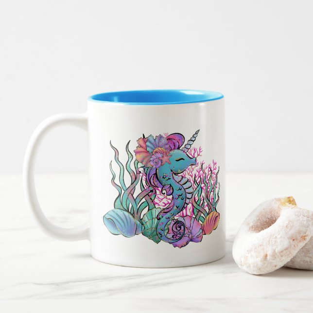 cute seahorse lovers add monogram Two-Tone coffee mug (With Donut)