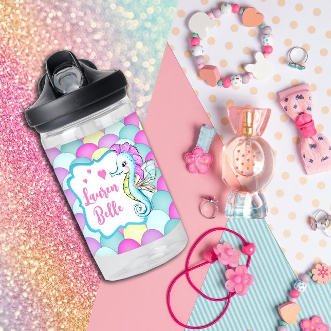 Cute Seahorse Mermaid Scales Ocean Theme Name Water Bottle (Creator Uploaded)