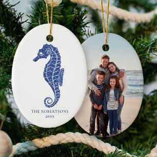 Cute Seahorse Navy Glitter Coastal Christmas Photo Ceramic Tree Decoration