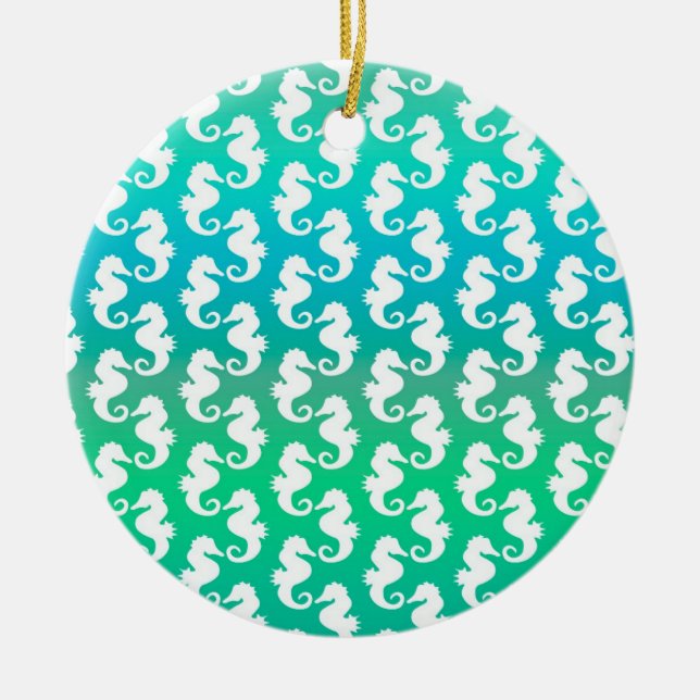 Cute Seahorse Pattern on Blue Green Ceramic Tree Decoration (Front)