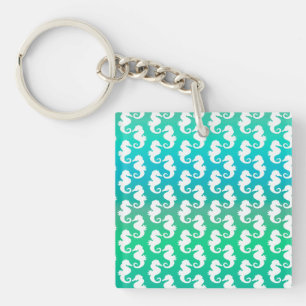 Cute Seahorse Pattern on Blue Green Key Ring