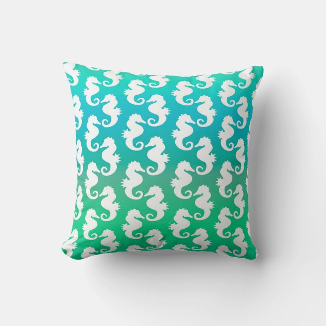 Cute Seahorse Pattern on Green Blue Cushion (Front)