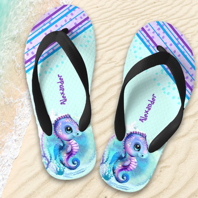 Cute Seahorse Personalised Boys' Kid's Flip Flops (Creator Uploaded)