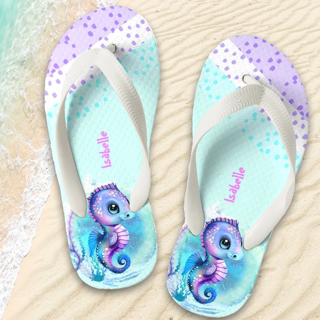 Cute Seahorse Personalised Girls' Kid's Flip Flops (Creator Uploaded)