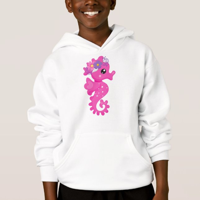 Cute Seahorse, Pink Seahorse, Flowers, Seashell (Front)