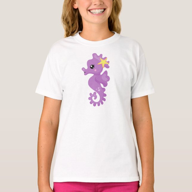 Cute Seahorse, Purple Seahorse, Starfish, Hearts T-Shirt (Front)