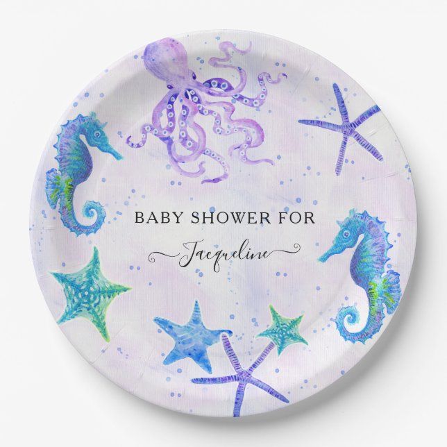 Cute Seahorse Starfish Octopus Seaside Baby Shower Paper Plate (Front)