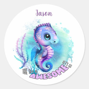 Cute Seahorse Summer Name Boy Classic Round Sticker
