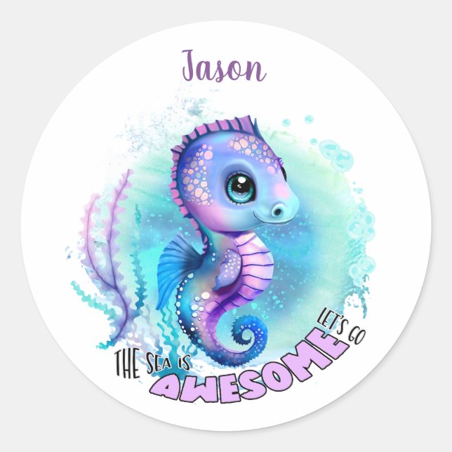 Cute Seahorse Summer Name Boy Classic Round Sticker (Front)