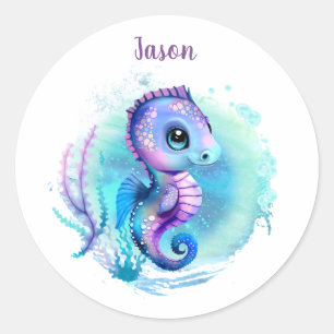 Cute Seahorse Summer Name Boy Classic Round Sticker