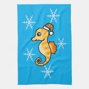Cute Seahorse Winter Snowflake Holiday  Tea Towel