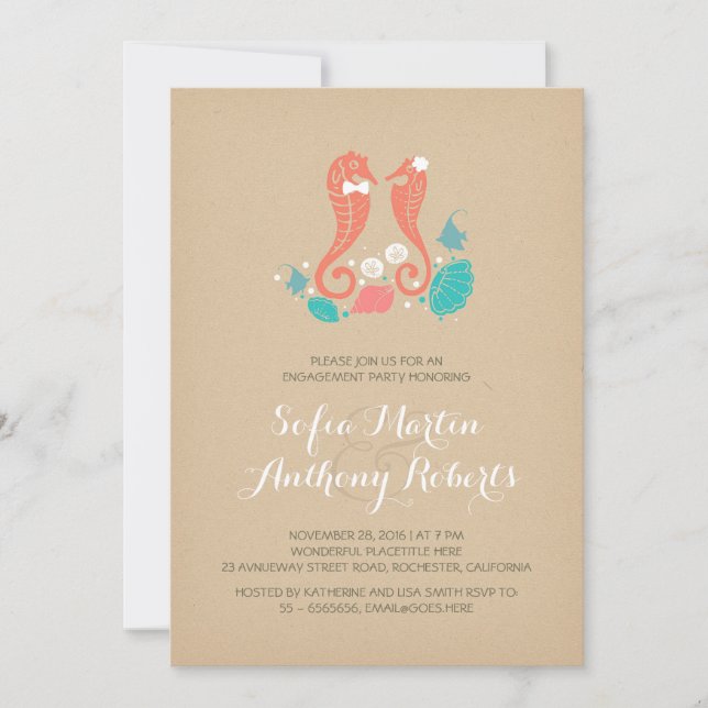 cute seahorses beach engagement party invitation (Front)
