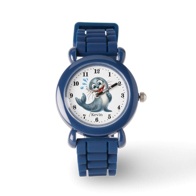 Cute seal add name kids unisex watch (Front)