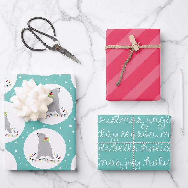 Cute Seal Christmas Wrapping Paper Sheet (Front)