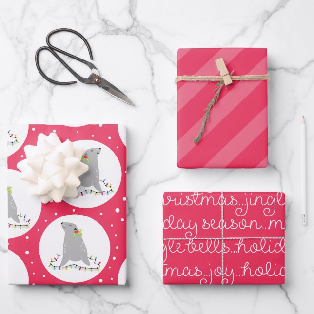 Cute Seal Christmas Wrapping Paper Sheets (Front)