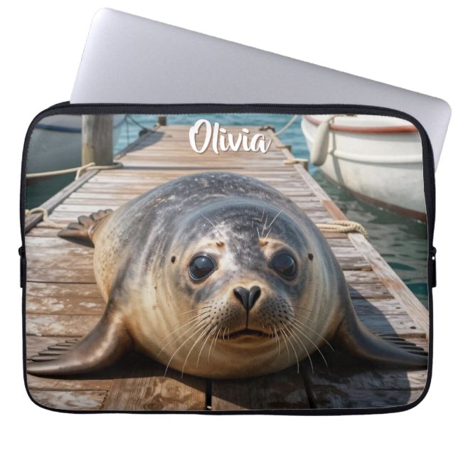 Cute Seal Laying on Boat Dock Ocean Pier Laptop Sleeve (Front)